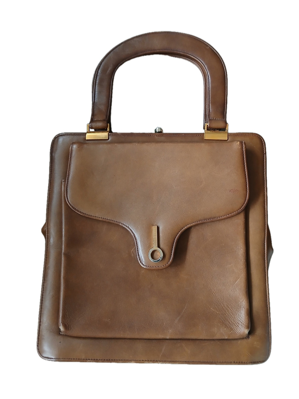 Vintage Brown Leather Handbag with Brass Accents 9 1/4x W X 9"
